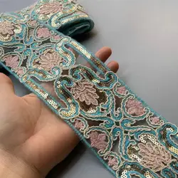 2 Yards Lace Trims Floral 7.5cm Blue Sequin Fabric Ribbon Decorative Embroidered for Handmade Supplies Garments Headdress Sewing