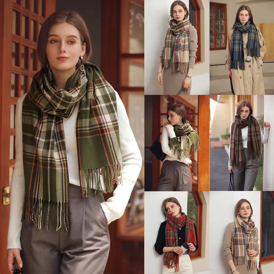 Women'S And Winter Colorful Plaid Shawl Thickening Warm Fringe Scarf Scarf Warm Color Scarf