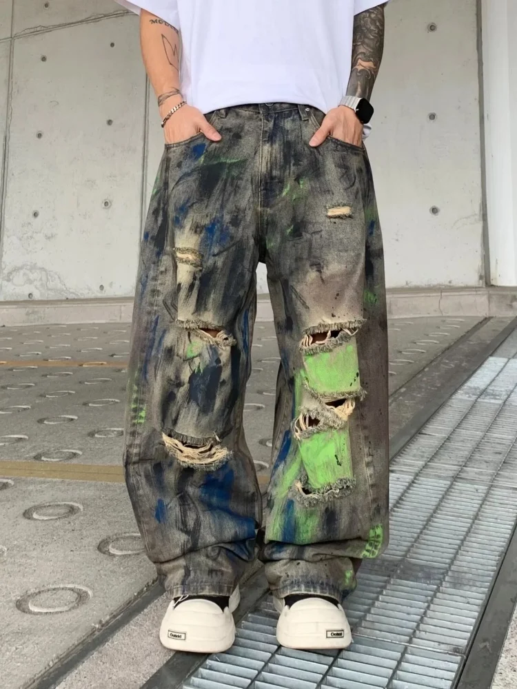 

2026 American Retro Y2K Style Graffiti Baggy Ripped Jeans Pants For Men Clothing Wide Leg Distressed Loose Gothic Denim Trousers