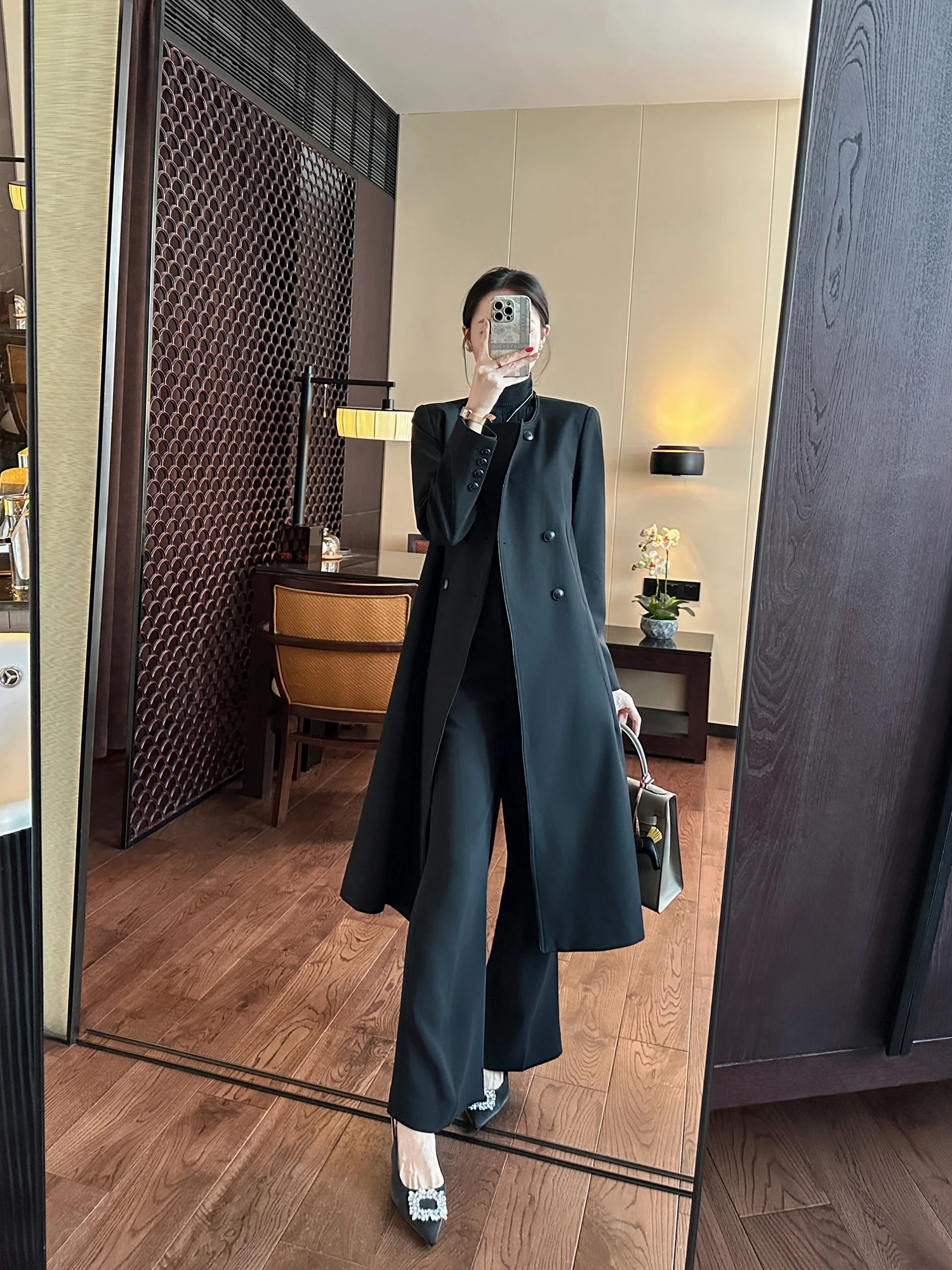 

Ele Long Double-Breasted Hepburn Sle Coat High Waist Straight Hem Commute Friendly Outerwear for Women