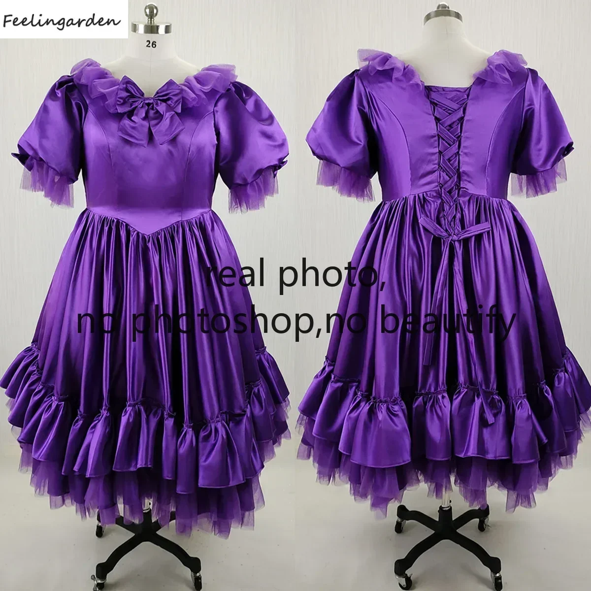 Feelingarden personalizado foto real plus size vestido de noite roxo cetim com decote em v babados a linha chá-comprimento feminino festa formal vestido