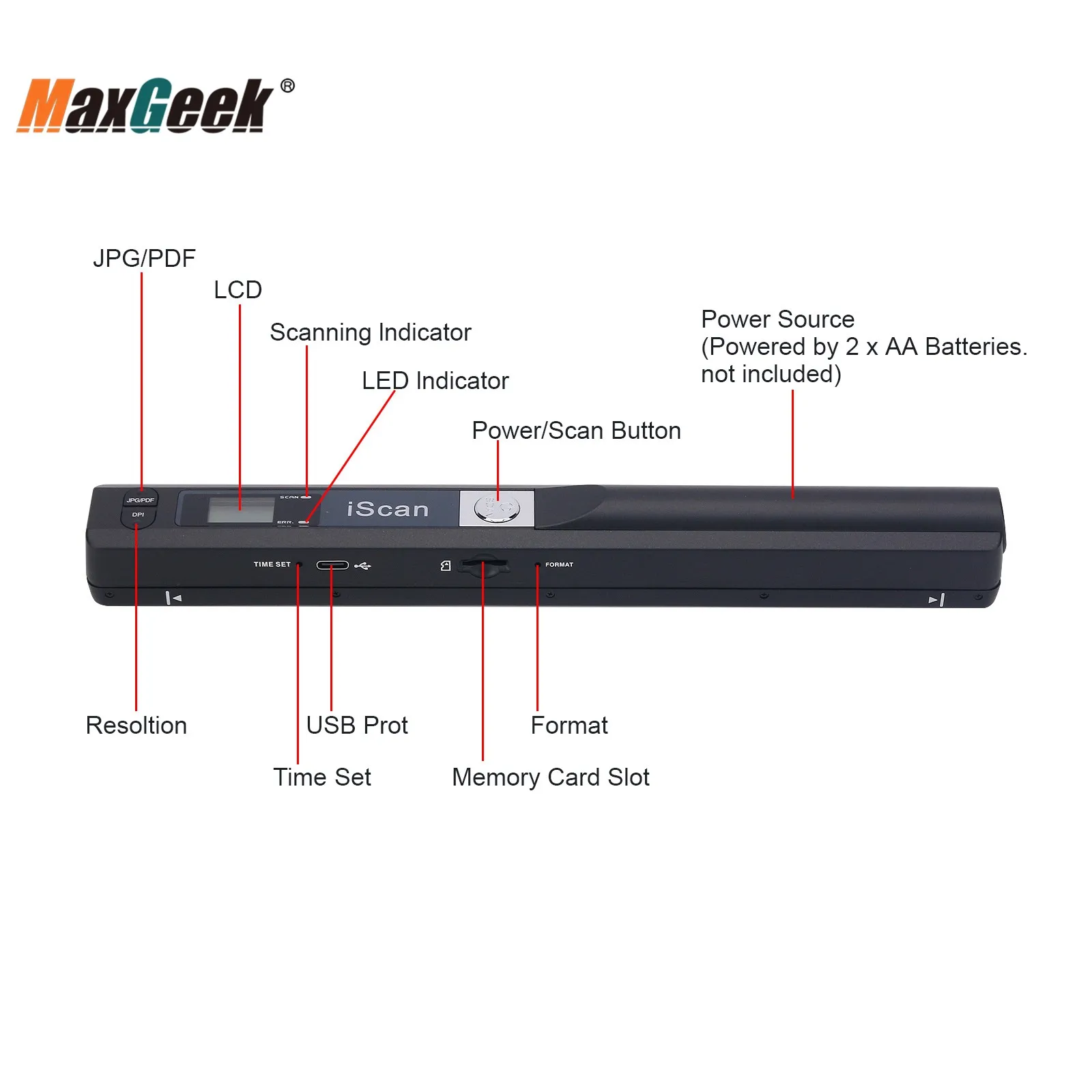 Maxgeek Iscan Scanner Portabel มือถือ A4 Scanner 900DPI สนับสนุน JPEG PDF สำหรับครอบครัวและสำนักงานใช้