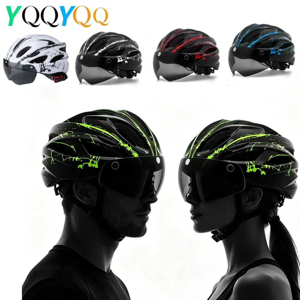 MTB & Road Bike Helmet, Breathable Cycling Helmet with Magnetic Goggles, High-Bright LED Rear Light Safety Gear 58-62cm