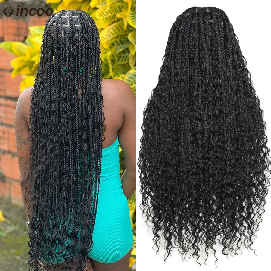 Synthetic Full Lace Wigs Boho Knotless Box Braided Wigs With Curly Hair Long 32 Locs Goddess Cornrows Braids Wig For Black Women