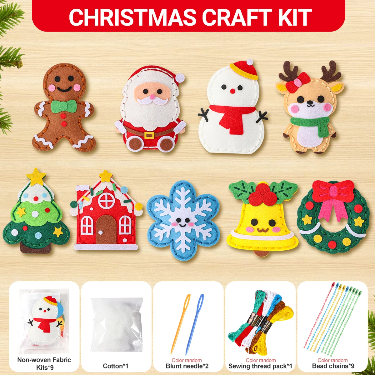 9-teiliges DIY-Weihnachtsnähset für Anfänger; Einfach zu bastelnde Weihnachtsbaumschmuckstücke, einschließlich Lebkuchenmann, Rentier – Detail 10
