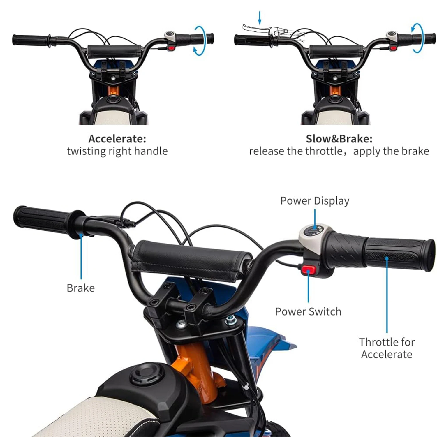 Bici da cross elettrica 24V 250w per bambini 8-14, fino a 13,6 MPH (22 km/h) Motocicletta elettrica con motore fuoristrada con sospensione a molla