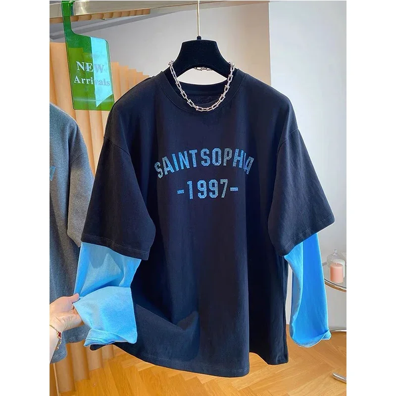 

2025 Autumn New Oversized Women Clothing All-match Patchwork Fake Two Pieces Female Casual Letter O-neck T-Shirts Femme Top Tee