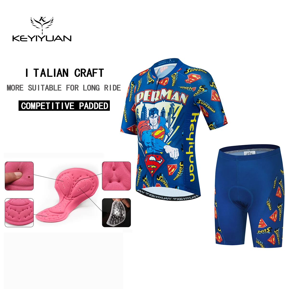 KEYIYUAN New Children Bicycle Clothing Tops Road Bike Clothes Kids Cartoon Pattern Cycling Jersey Set Sponge Gel Pant Pad