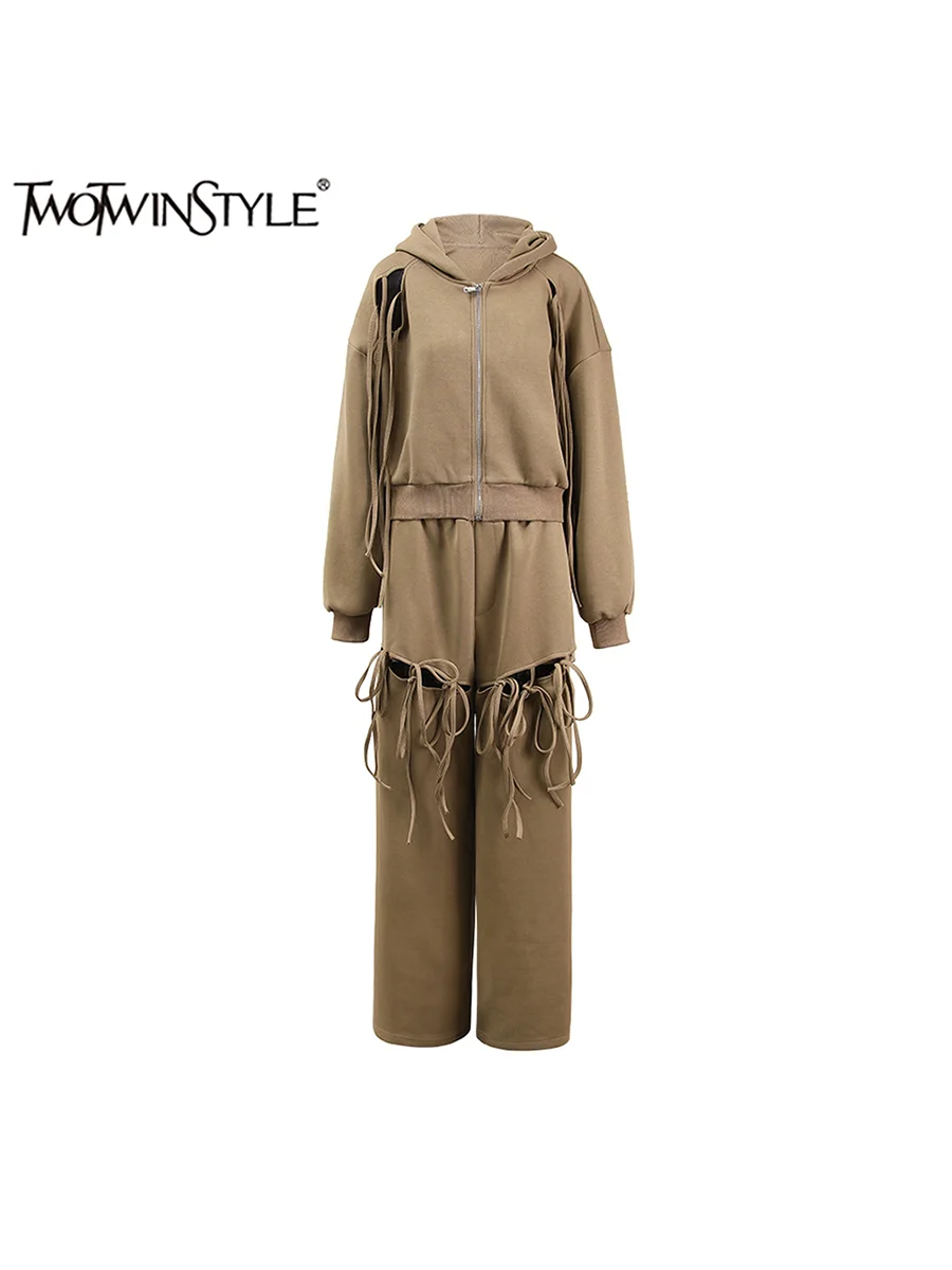 TWOTWINSTYLE Solid Two Piece Set for Women Hooded Long Sleeve Sweatershirts High Waist Long Pant Casual Sets Female