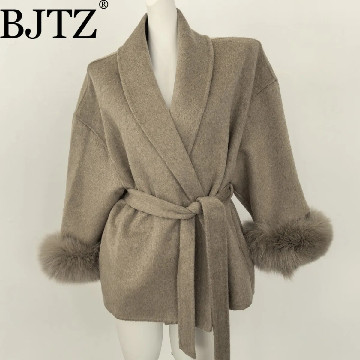 

BJTZ Зимняя короткая шерстяная куртка с манжетами из натурального лисьего меха, двустороннее шерстяное пальто для женщин, шерстяная куртка на шнуровке