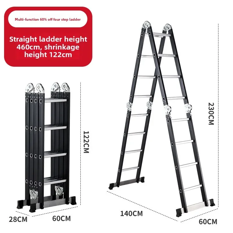 Thickened Multifunctional Iron-aluminum Combined Folding Herringbone Ladder Four-fold Telescopic Ladder Joint Ladder