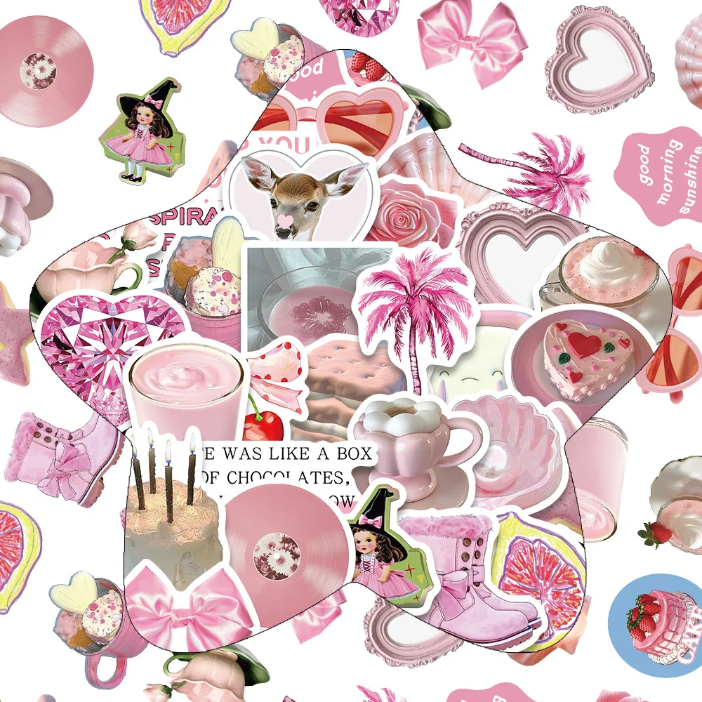30PCS Pink Peach Style Ins Art Sticker Retro Personalized Pink Biscuits Shell Cherry Record Coconut Tree Beautiful and Fun Decor