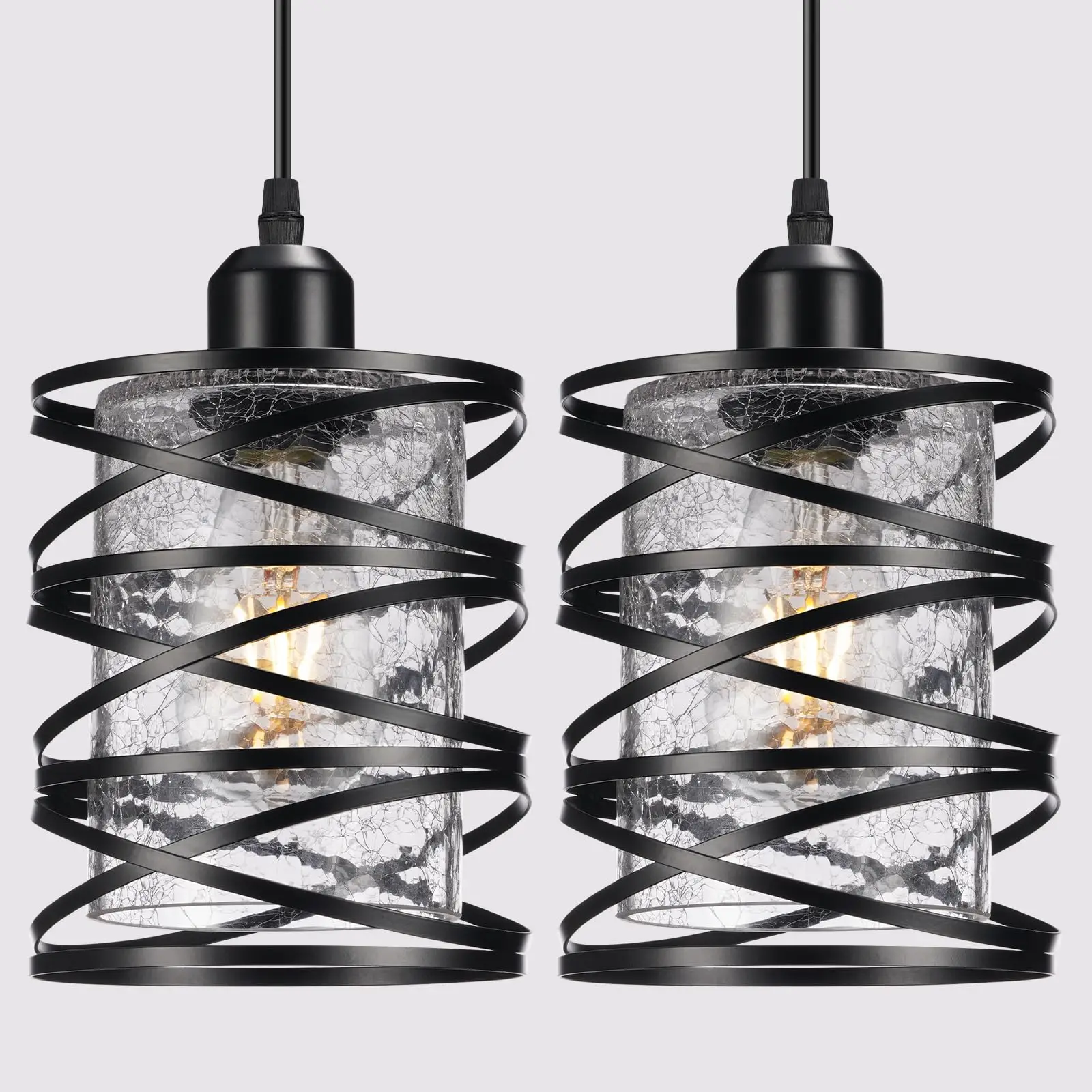 

2 Pack Pendant Lights Kitchen Island, Black Island Lighting Fixtures Hanging with Glass Crackle Shade, Mini Industrial Light