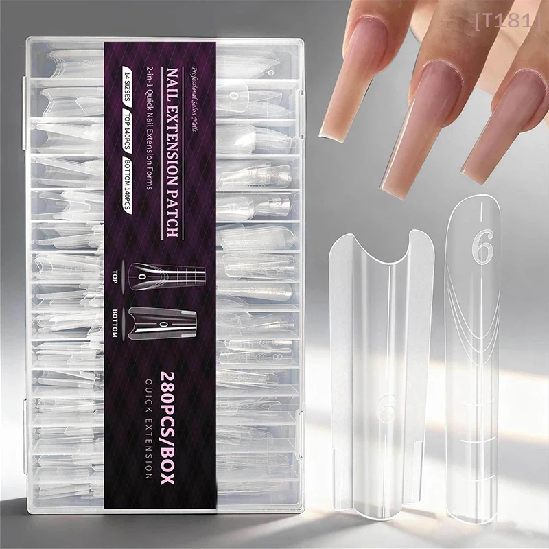 [E] 280Pcs Sandwich Dual Nail Forms 14 Size Extensions Coffin Almond Top Bottom Mold Nail Art Tool