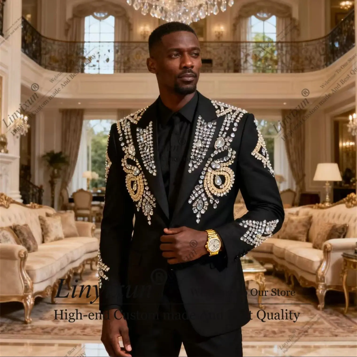 

Роскошные мужские свадебные смокинги с блестящими драгоценными камнями и стразами, индивидуальные костюмные комплекты из двух предметов с остроконечными лацканами для жениха и мужского блейзера
