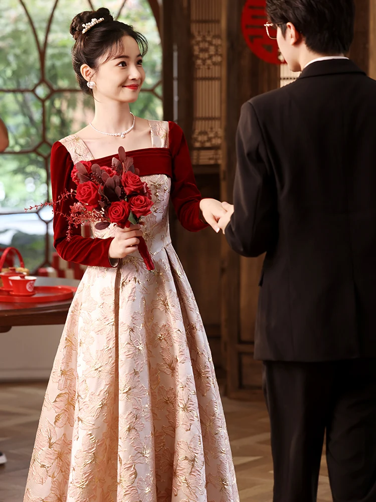 

Ele Velvet Wedding Dr Floral Print Long Sve High Waist Korean Sle for Engagement Par Wedding Celebration