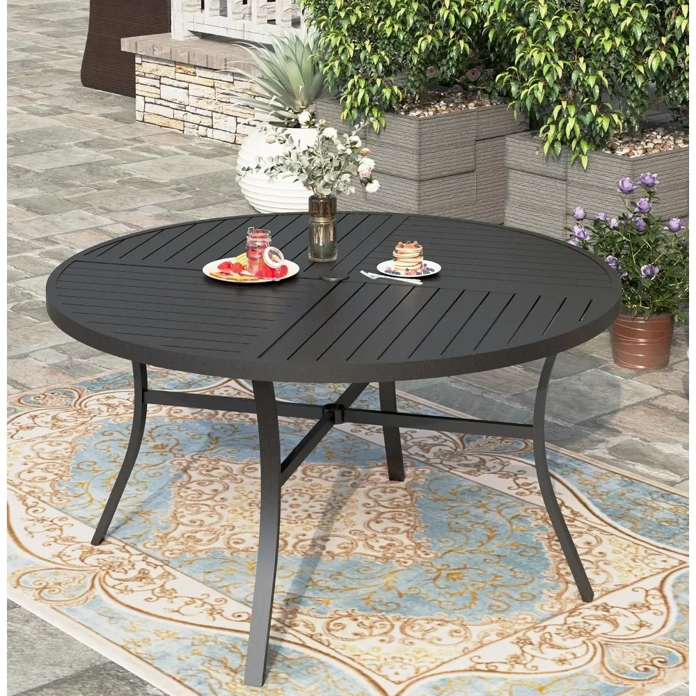 

54" Patio Table with Umbrella Hole for 6-Person, Lawn Garden Backyard Tables, Metal Steel Slat Round Outdoor Table