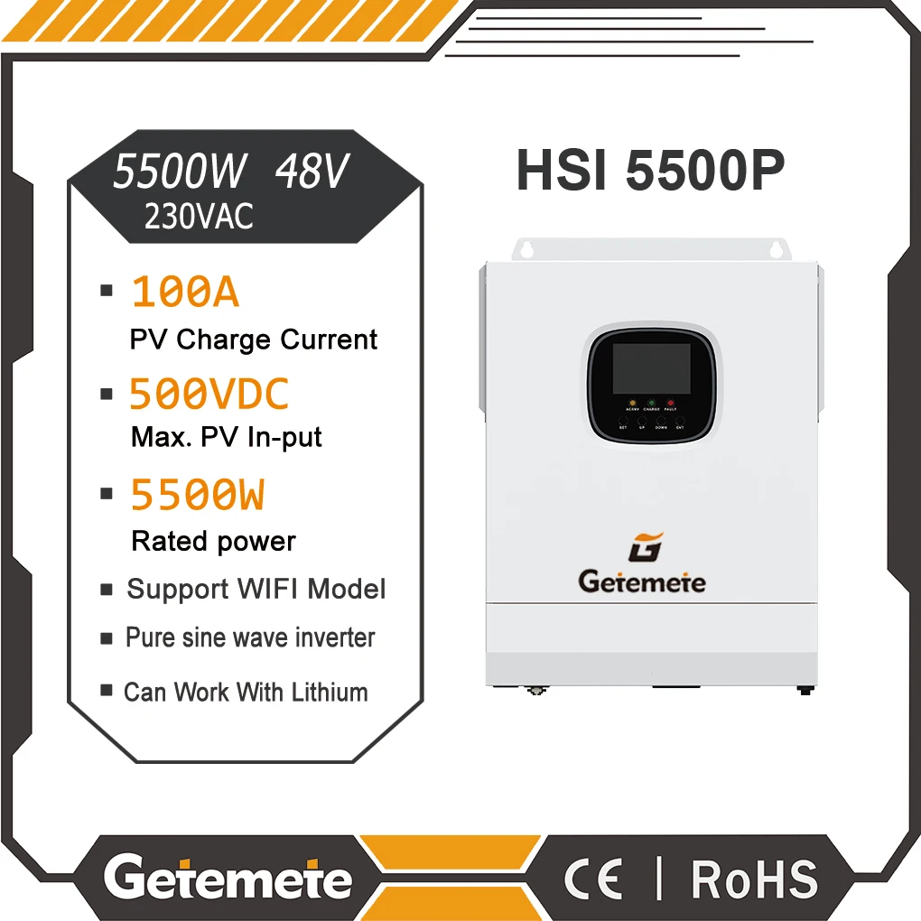 GTMT  HSI-5500P 5500W MPPT 100A Solar strong inventer Rated Battery Voltage 48V Max.Voltage of Open Circuit 500Vdc