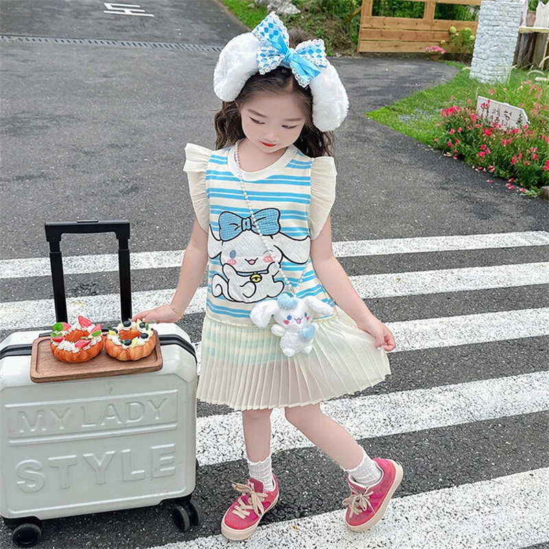 Kawaii Sanrio Kuromi Cinnamoroll Anime Children Girls Love Cartoon T-shirt Dress Children Cute Hundred Sweet 2024 Summer New