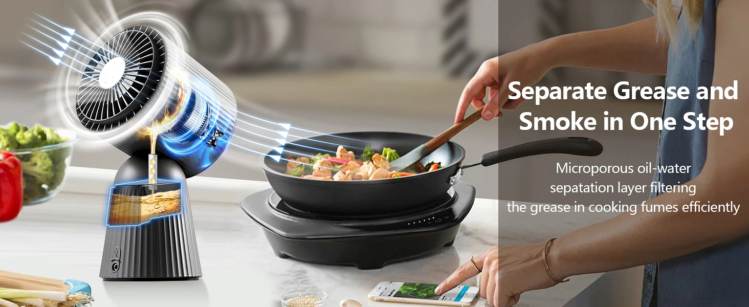 Topstrong Tragbarer Dunstabzugshaube mit 3 Geschwindigkeiten, leiser 55-dB-Küchenabluftventilator für Grill/Hot Pot, abnehmbare Filter, EU-Stecker (grau) – Detail 3
