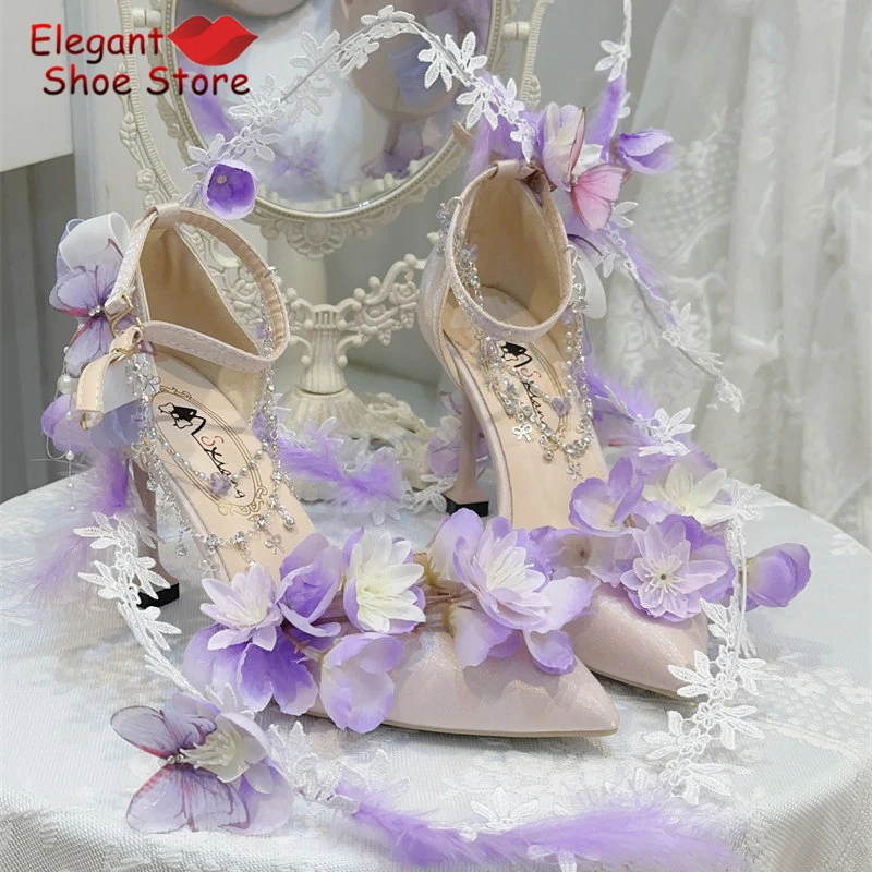 Purple Flower Decor Rhinestone Chain Pumps Butterfly Vine Ankle Wrapped High Heels Elegant Fairy Lolita Wedding Women Shoes