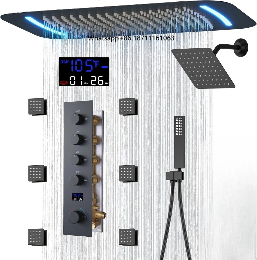 Digital Display Shower Set System Handheld Shower  Body Jets Rainfall Head Matt Black Bathroom Shower Set