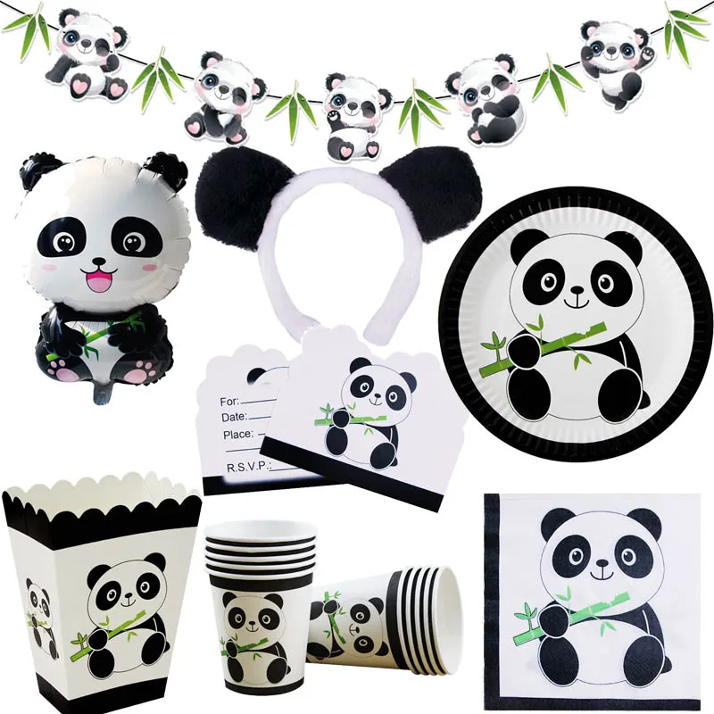 Panda Theme Party Decoration Kids Birthday Party Supplies Cute Panda Disposable Tableware Banner Cookie Bag Baby Shower Decor