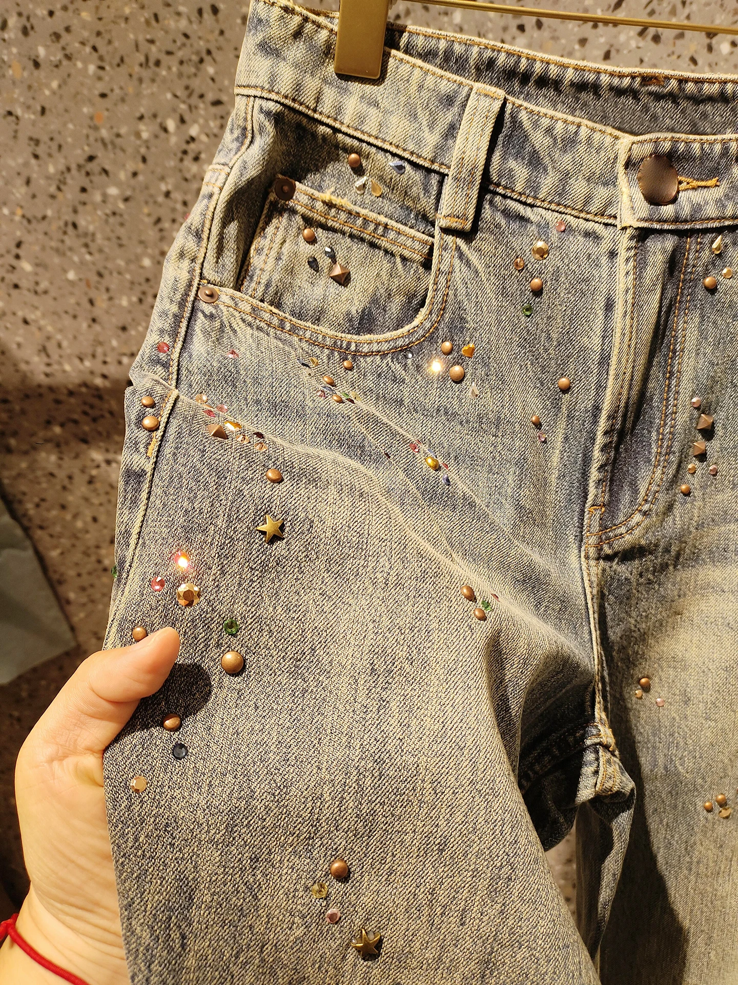 ارتفاع الخصر واسعة الساق الدينيم الجينز المرأة الخريف الشتاء تصميم الإحساس الحديد الماس المياه Waed خمر Sle جينز غير رسمي #3