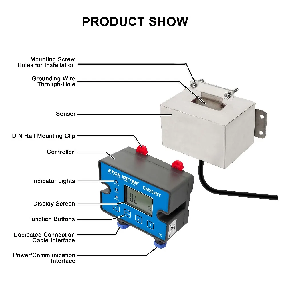ETCR2840T  EM2840T Lightning Strike Current Earth Online Detector 100kA 200Ω 20A RS485 Supports ModBus SPD Alarm Signal Monitor