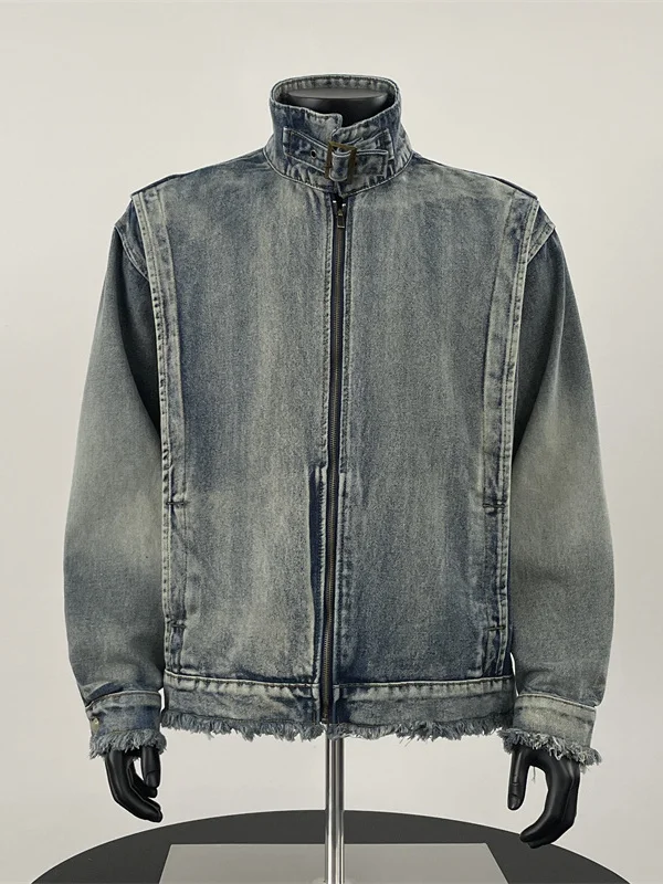 

Retro Frayed Denim Jaet Men's High Street American Vibe Workwear Top Loose Stand Collar Trendy Brand Jaet Spring Autumn