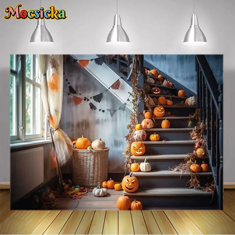 

Mocsicka Photography Background Scary Pumpkins On Stairs Oil Lamps Bats Party Decorative Backdrops Photo Booth Props Photozone