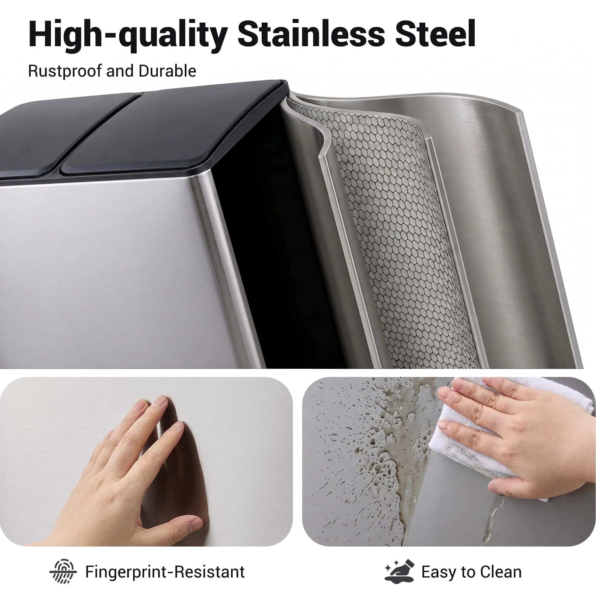 Dual Compartment Kitchen Trash Can 2x8 Gallon – Stainless Steel Step Pedal Bin – Soft Close Lid, Removable Buckets, Odor Control, Hands-Free, Easy Clean – Black/silver