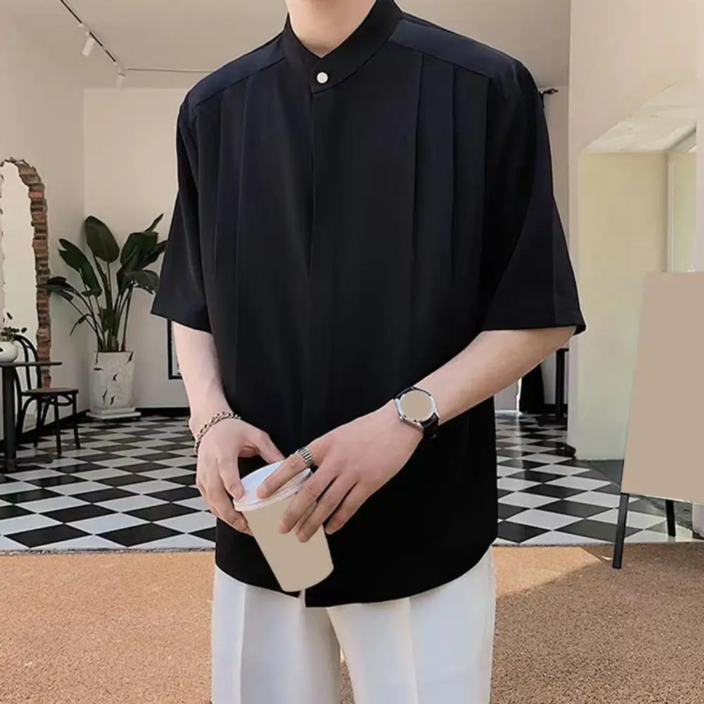 Stand Collar Men Top Stylish Men's Stand Collar Ice Silk Cardigan for Summer Office Wear Pleated Loose Fit Half Sleeves Shirt