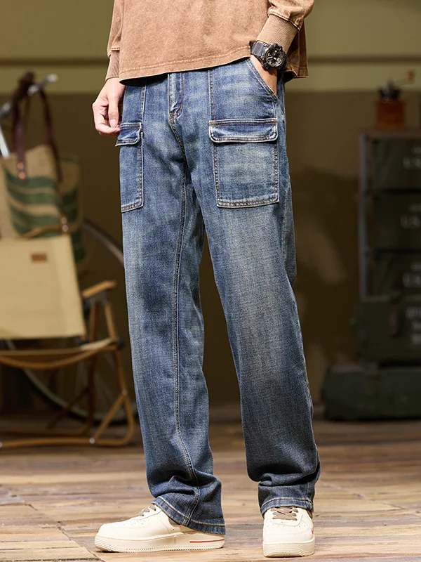 

Мужские свободные джинсы прямого кроя с множеством карманов, синие джинсовые брюки в рабочем стиле, повседневные длинные брюки, весенне-осенняя сезонная одежда