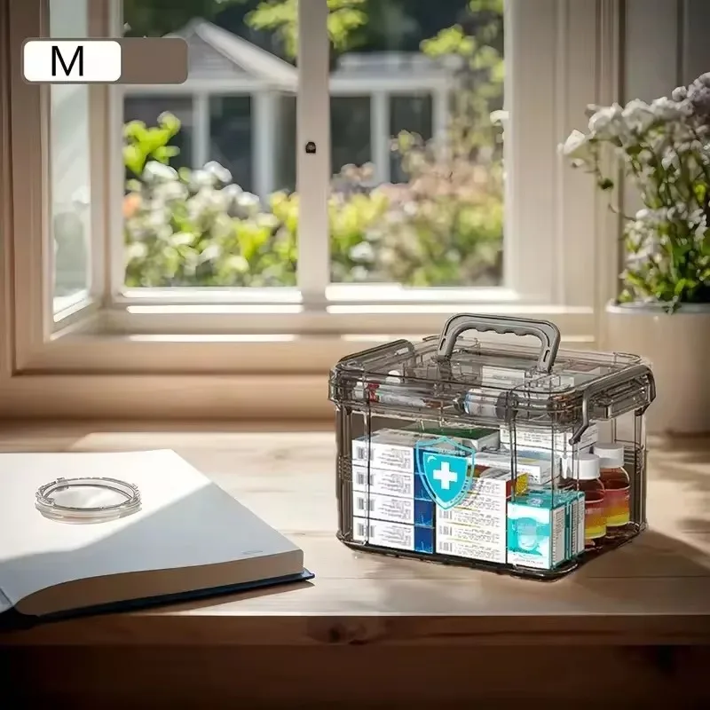 Transparent double-deck waterproof storage box with rectangular lid, durable PP plastic for emergency medications and first aid view 6