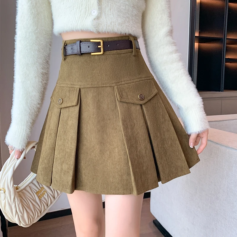 high waisted corduroy pleated for women autumn a line slimming age reducing retro versatile stylish short skirt