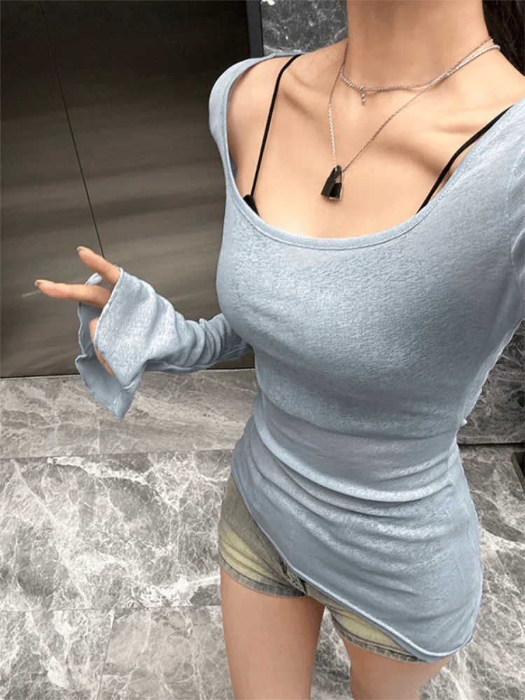 Mesh Sheer Irregular T Shirt For Women New Long Sleeve See-Through Korean Pullover Tops Sexy Autumn Girls Top Tee Shirt Casual