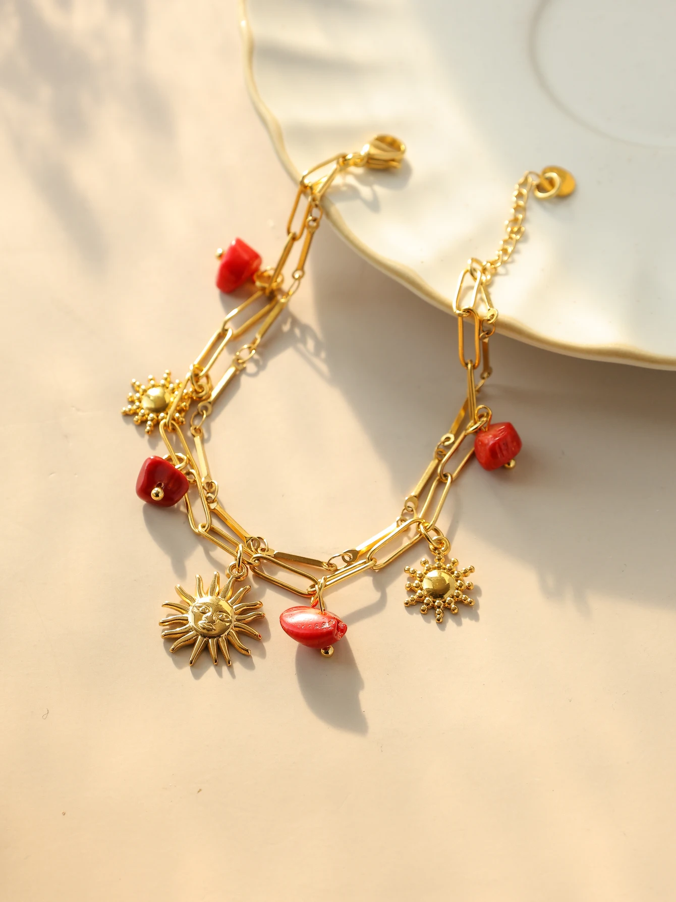 Fashionable trend design double layer natural stone moon sun starfish pendant bracelet women waterproof jewelry beach party gift