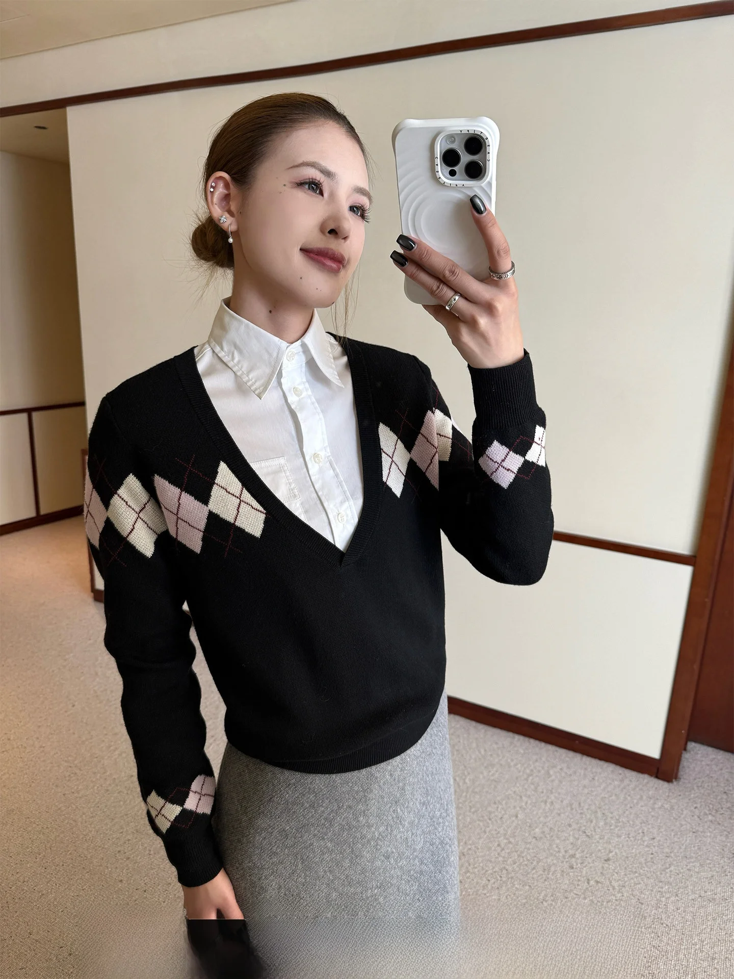 

Xzichic Argyle Pattern Knitted Sweater Women's Deep V-Ne Pullover Mixed Wool Blend Long Sve Autumn Winter Faion