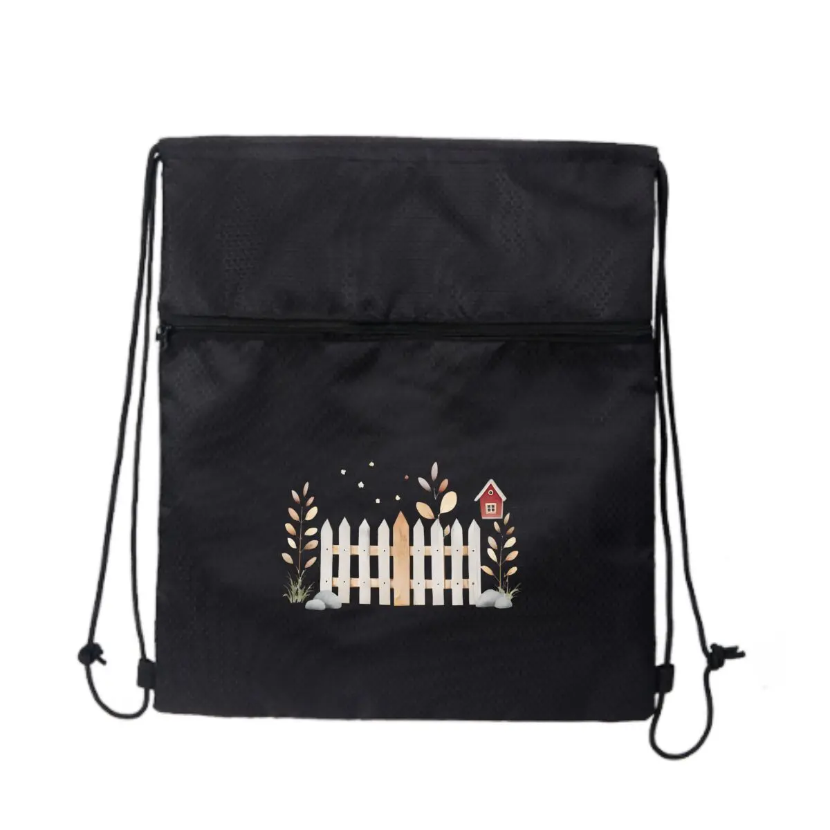 

Деревенский деревянный забор и небольшой дом, сумка на шнурке, рюкзак большой вместимости, женская и мужская одежда