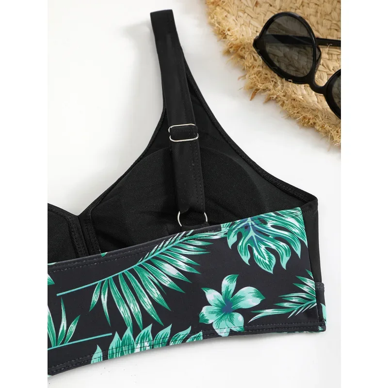 Bikinis con estampado negro y verde para mujer, trajes de baño sexys, traje de baño femenino, conjunto de Bikini deportivo de cintura alta, traje de baño, ropa de playa, Bikini