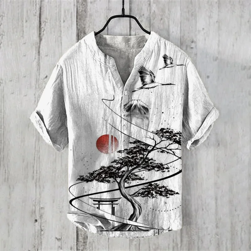 Camiseta hawaiana con cuello en V para hombre, camisa de lino con patrón HD, pintura de paisaje de grulla blanca de talla grande, novedad de 2024, 100%