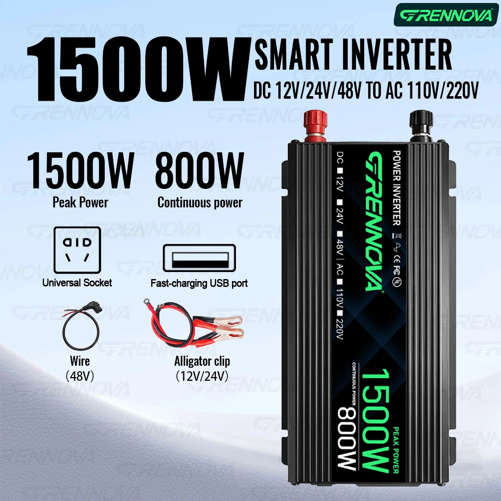 

800W Continuous (1500W Peak) Inverter for Home Emergency Powers Lights & Fans DC 12/24/48V To 110V 60Hz 220V 50Hz Car RV Farm