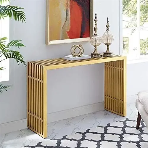 Gridiron Contemporary Modern Gold Stainless Steel Console Table Durable Structure Versatile Form Media Station Console