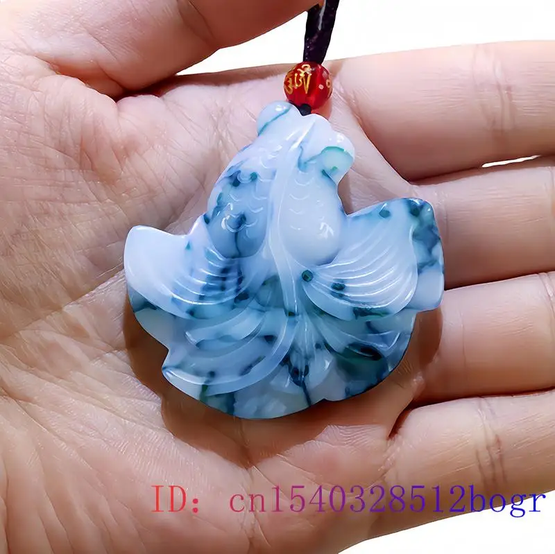 Cyan White Real Jade Goldfish Pendant Necklace Gemstone Stone Carved Jewelry Natural Fashion Men Talismans Luxury Vintage