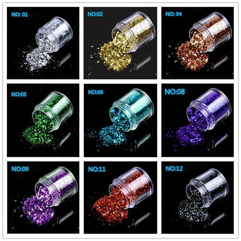 10 gr/schachtel DIY Holographische Mix Glitter Nail art Acryl UV Gel Glänzende Pulver Staub Polnischen Make-Up Maniküre werkzeuge