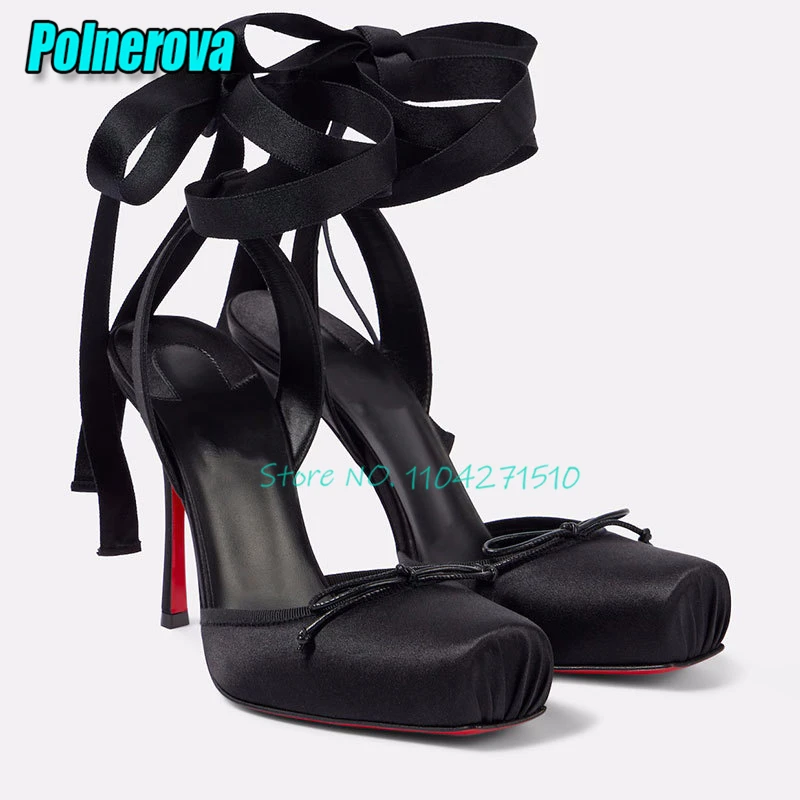 

Brand Design Satin Bow Ankle Strap Sandals Summer New Square Toe Lace-Up High Heels Ballet Pumps Party Banquet Wedding Shoes