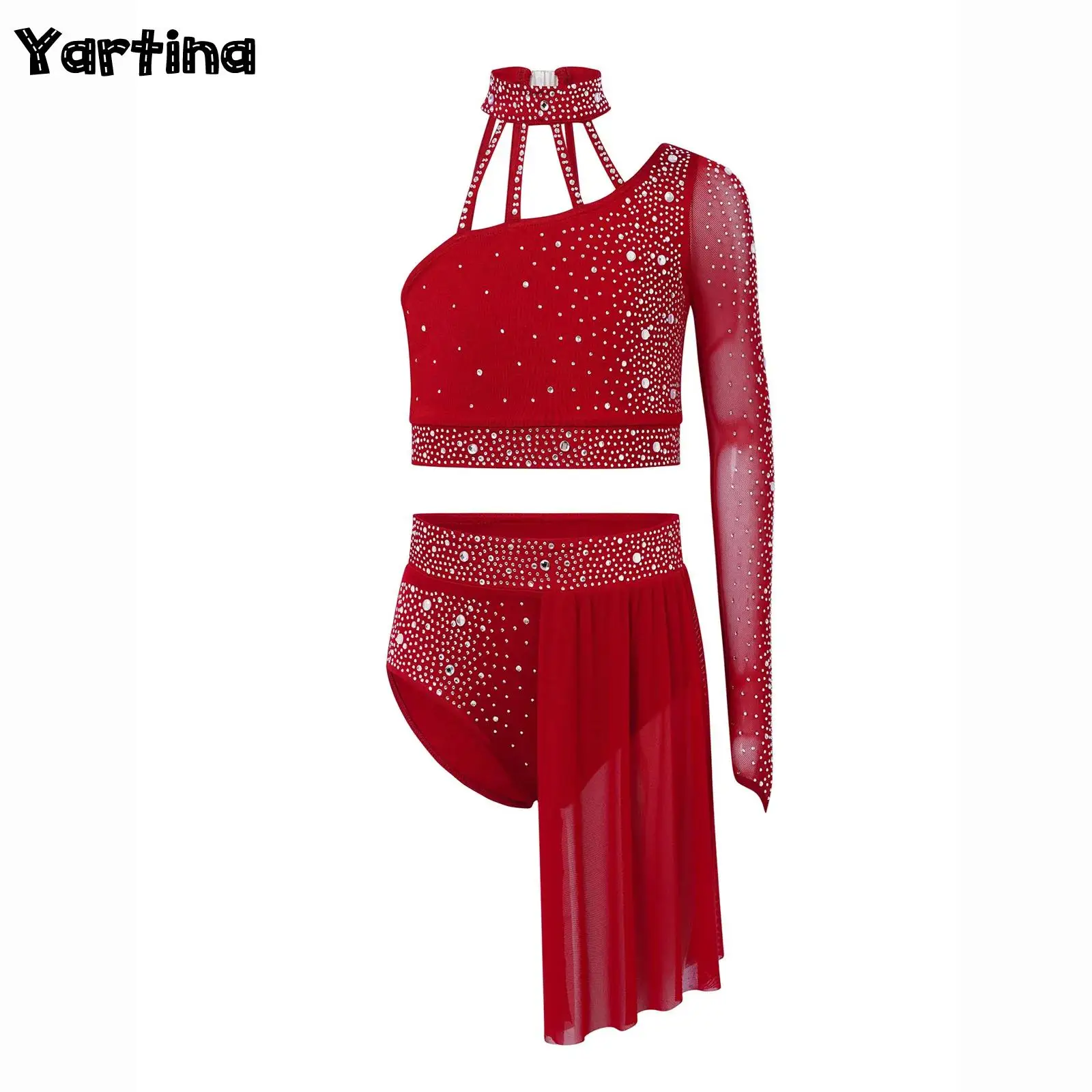 

Kids Girls Gymnastics Contemporary Modern Lyrical Ballet Dance Outfit Shiny Rhinestone Crop Top with Irregular Skirt Briefs