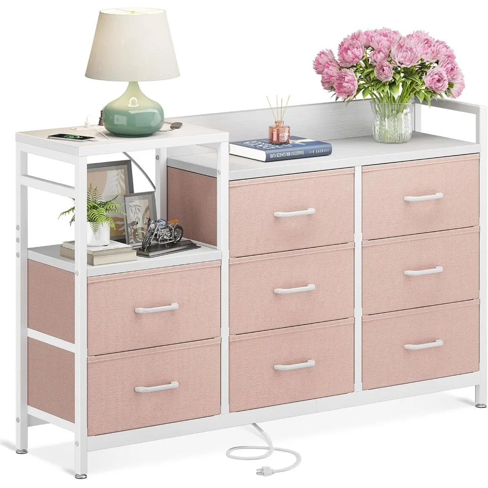 Dresser with Charging Station, 52-Inch Long Dresser for Bedroom with 8 Storage Drawers, Fabric Dressers Chests of Drawers