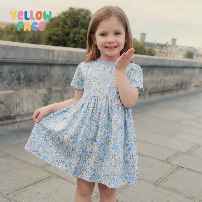 

26 Spring Summer Fashion Toddler Girls Cotton Floral Pattern Children's Dress Princess Dress Round Neck 3-12 Years Outfit